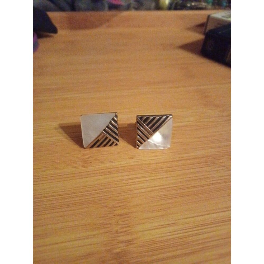 Vintage Swank Mother Of Pearl‎ Gold Tone Square Cufflinks Black Geometric Design